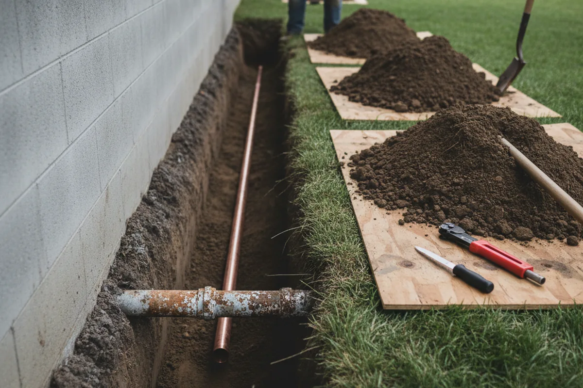 Excavated water line trench during Sewer Line Repair in East Falmouth